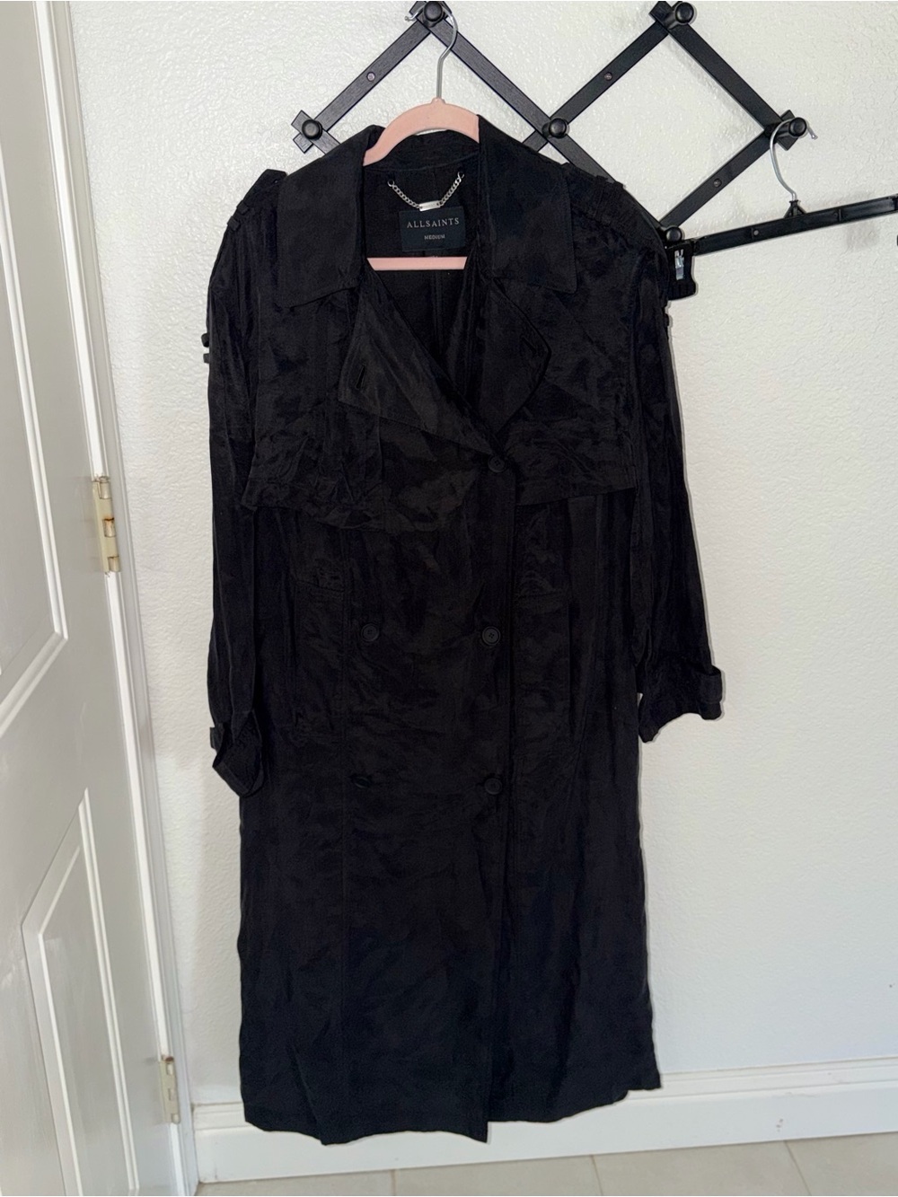 AllSaints Linnie Trench Coat Black Belted Long Double Breasted Coat Medium - Picture 4 of 6